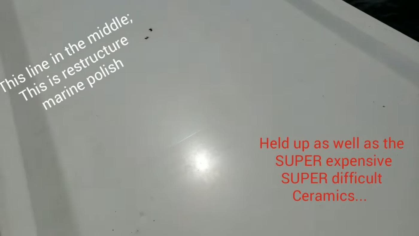 Deck box test panel comparing Restructure Marine Polish against professional ceramic coatings after two seasons with no maintenance